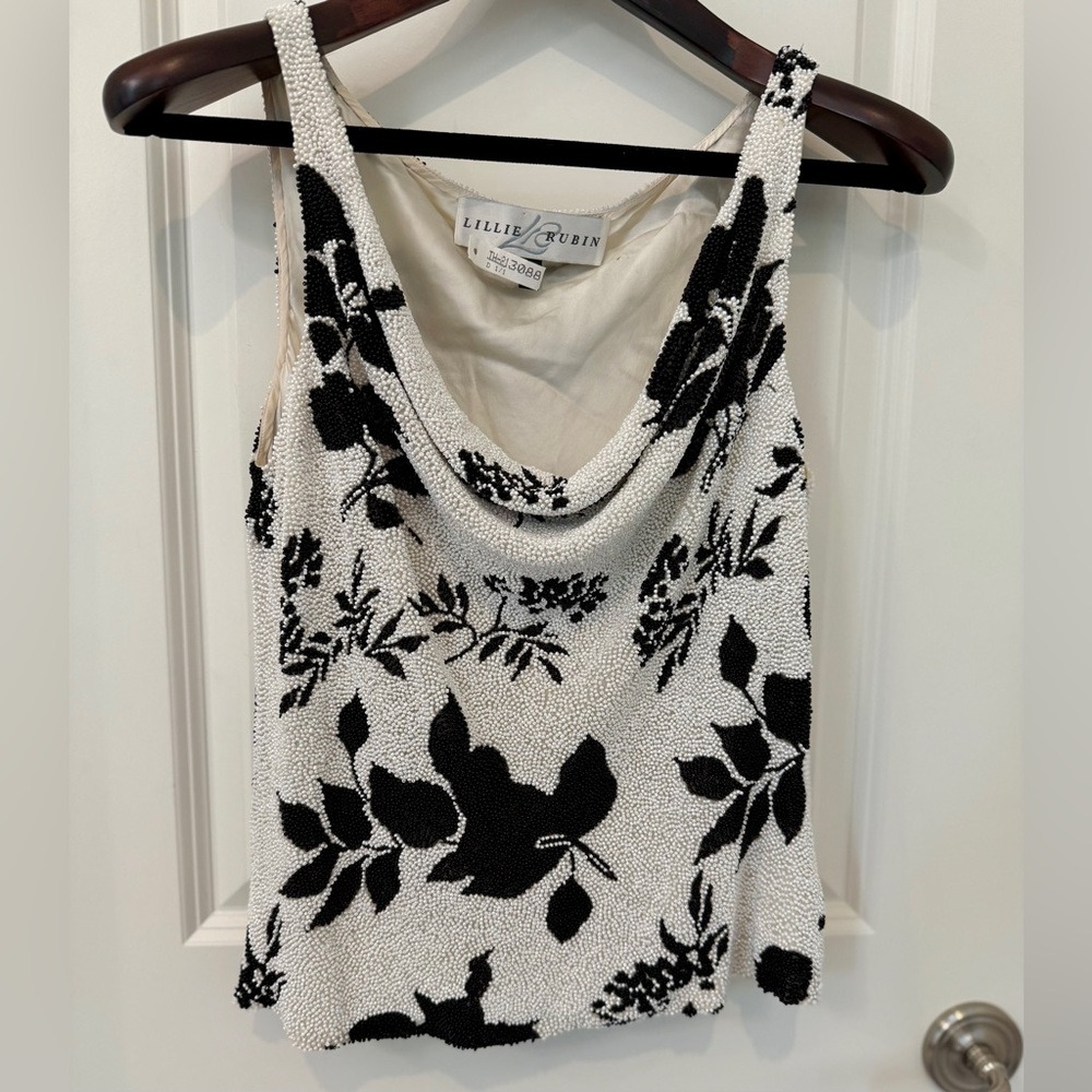 Lillie Rubin Vintage Black and White Beaded Floral Drape Neck Top Size 10 🖤🤍🖤🤍